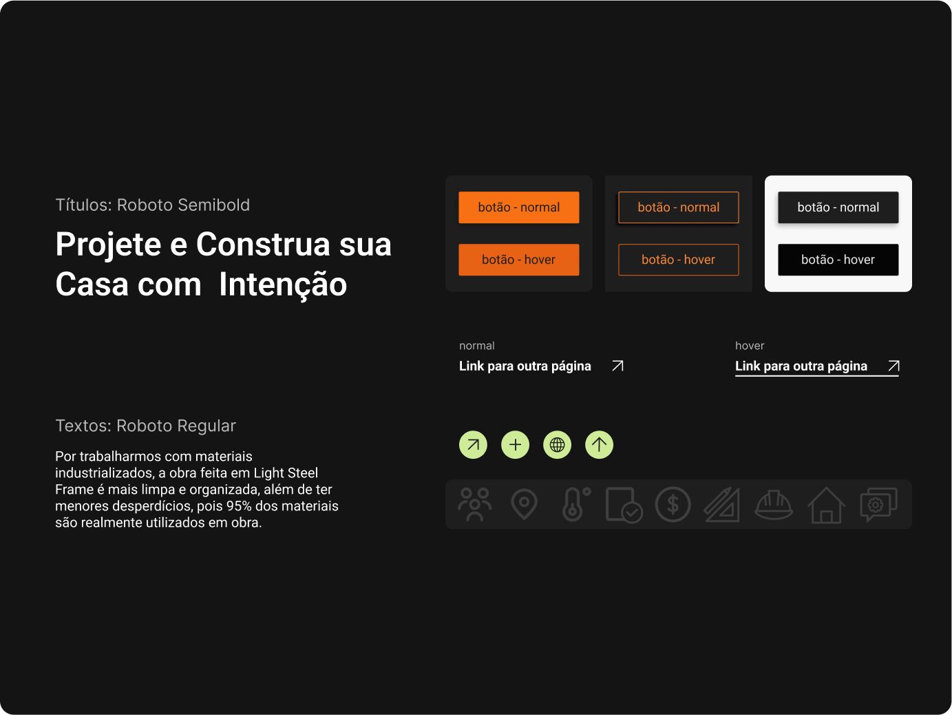 Imagem mostra o guia de estilo do site, com estilo de botões, links, ícones e fontes dos textos.