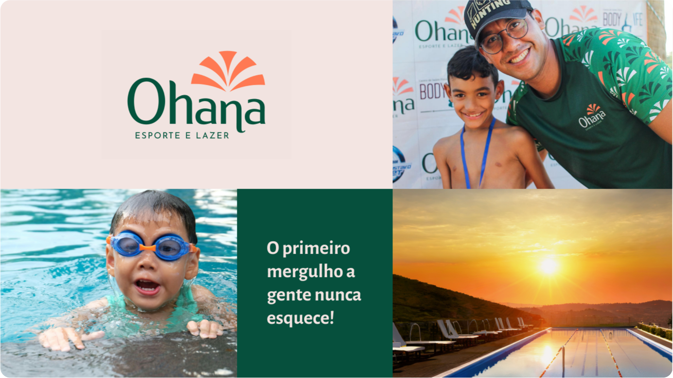 Quadro de imagens contendo a logo da Ohana, uma foto de seu sócio com seu filho, uma paisagem e o texto "O primeiro mergulho a gente nunca esquece" que mostra a tipografia escolhida para a marca.