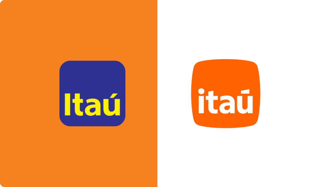 A imagem mostra o antes e depois do redesign da marca Itaú