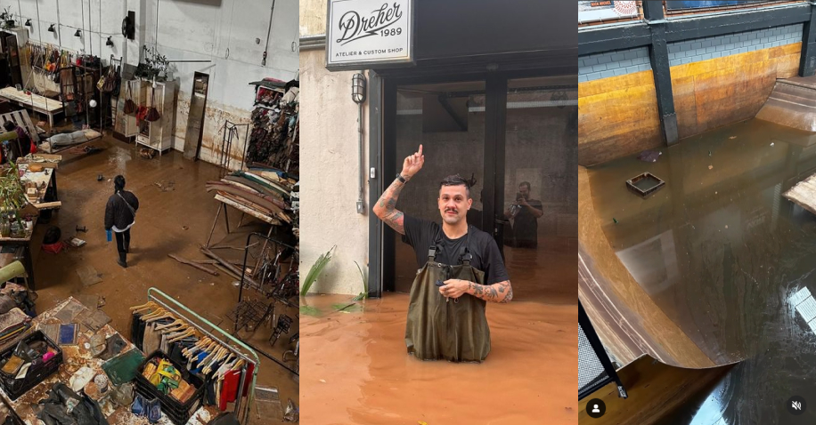 Foto mostra empresas do Rio Grande do Sul com suas lojas destruídas pela água das enchentes.