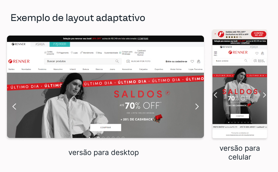 Comparativo das versões para desktop e celular do site da Renner. Texto da imagem: exemplo de layout adaptativo.