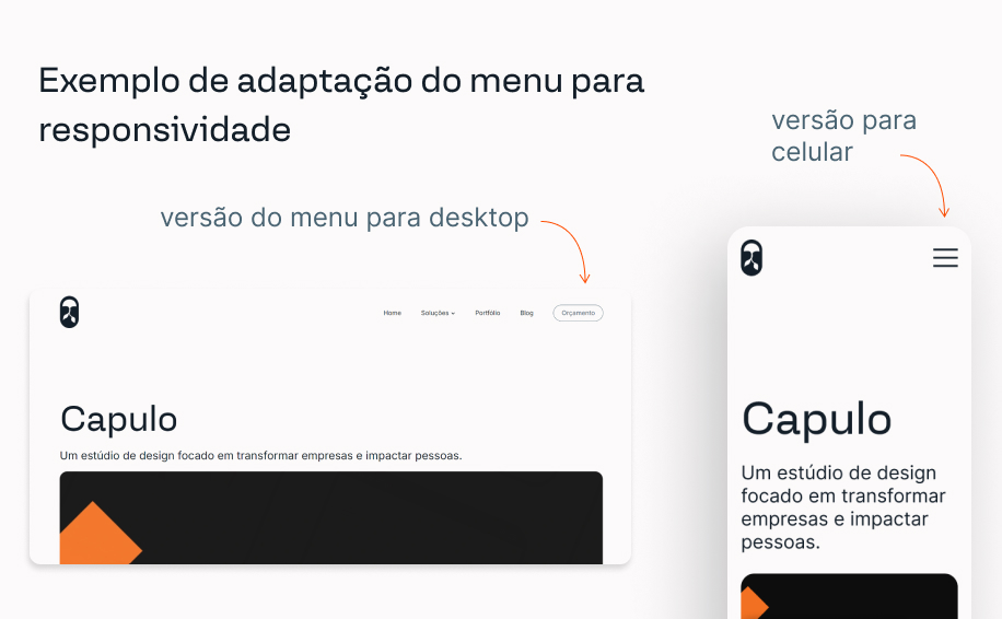 Exemplo de adaptação para responsividade. Foto mostra a versão desktop de um site com menu aparecendo várias páginas e a versão para celular com o menu chamado de sanduíche onde só aparece um ícone.