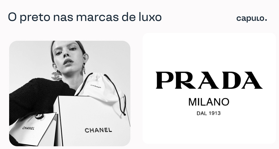 O preto nas marcas de luxo: foto de uma campanha da marca de moda Chanel em preto e branco e o logotipo da marca Prada em preto.