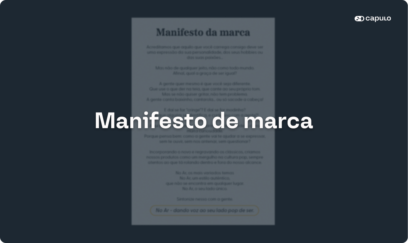 Imagem de capa com texto: Manifesto de marca. Ao fundo há um papel escrito o manifesto criado para a marca No Ar