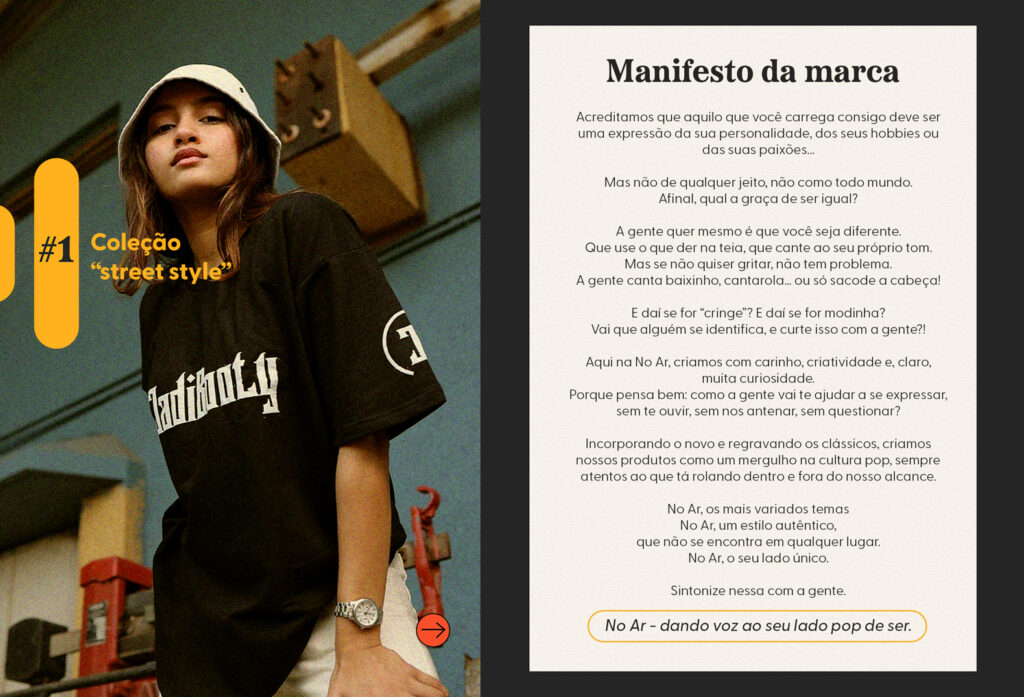 Composição de imagens: à direita uma foto de uma garota utilizando camiseta estampada e à direta uma imagem simulando um papel com o manifesto da No Ar escrito.