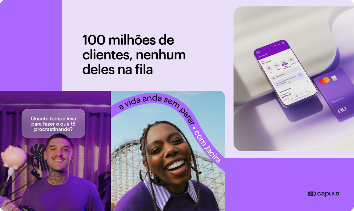 Imagens das aplicações de marca do Nubank em seu site e post das redes sociais, mostrando como são consistentes no uso das cores, tipografia, estilo de fotos e formatos.