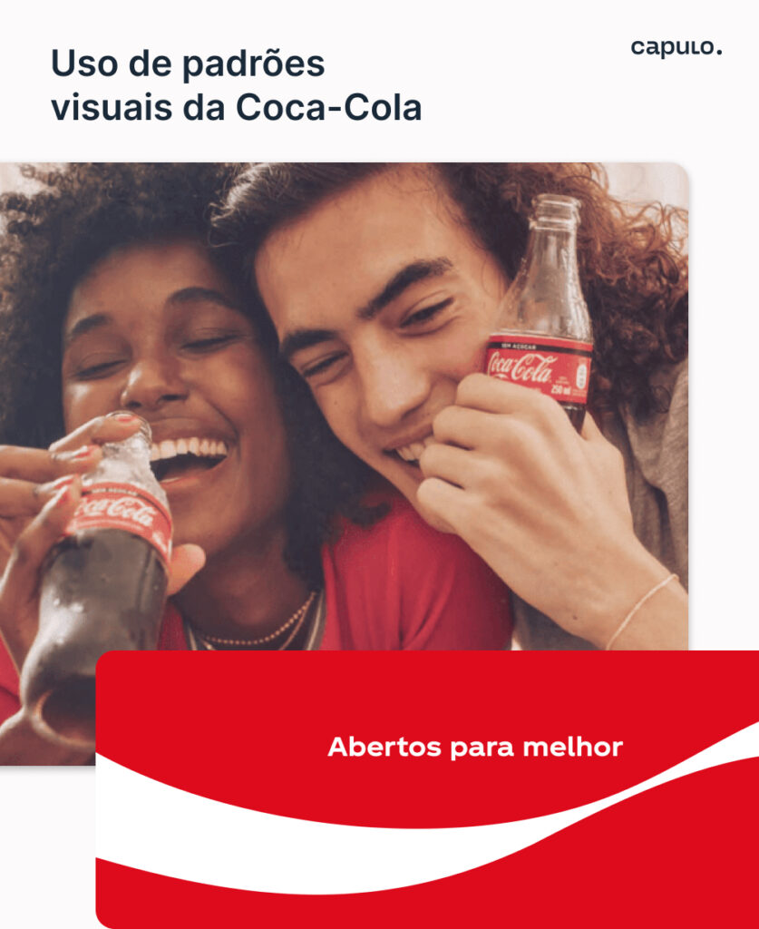 Como a coca cola aplica sua identidade visual em seus comerciais. Nas imagens há o uso do vermelho, da onda branca, das garrafas e das pessoas sorrindo 