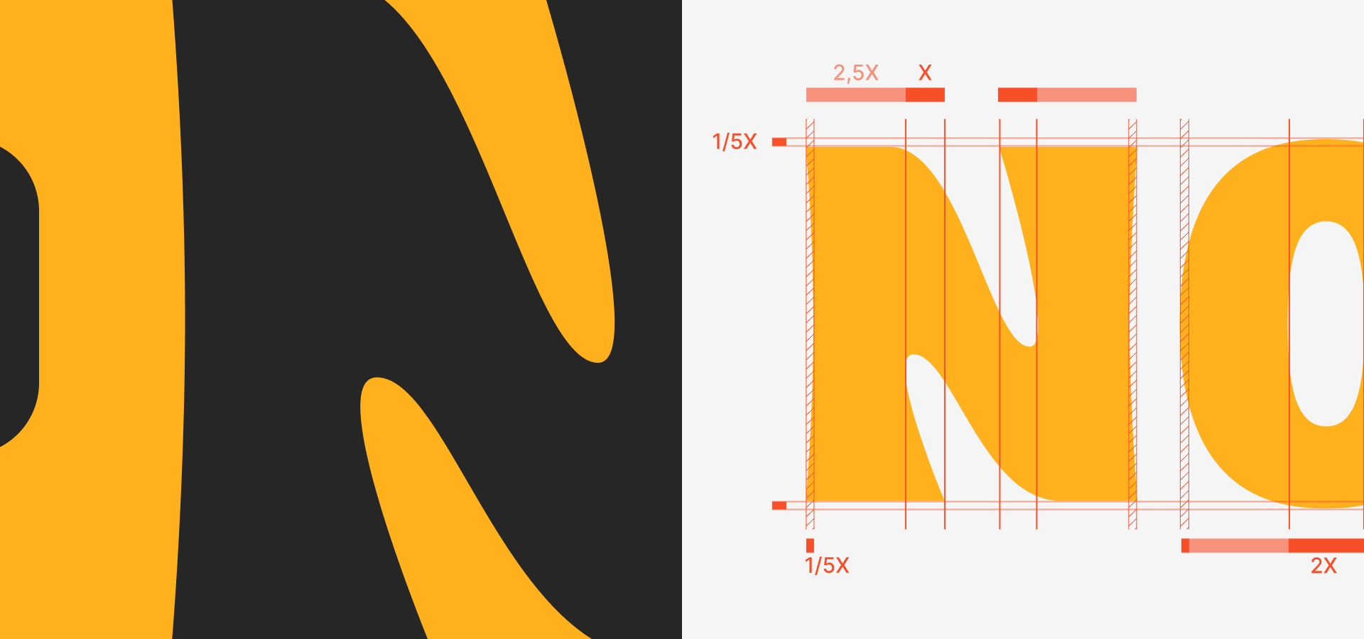 Grid de construção da tipografia para o logotipo. A letra N possui partes internas mais sinuosas, como se deito à mão. A letra é bem grossa, mostrando impacto visual.