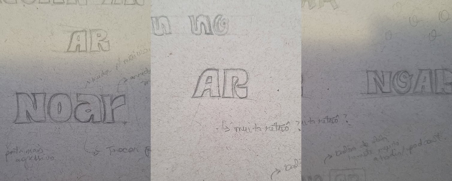 Racunhos do logotipo mostrando diferentes desenhos das letras que formam a palavra No Ar. Há anotações como "muito retrô?" e "balçao de fala remete muito a pod cast".
