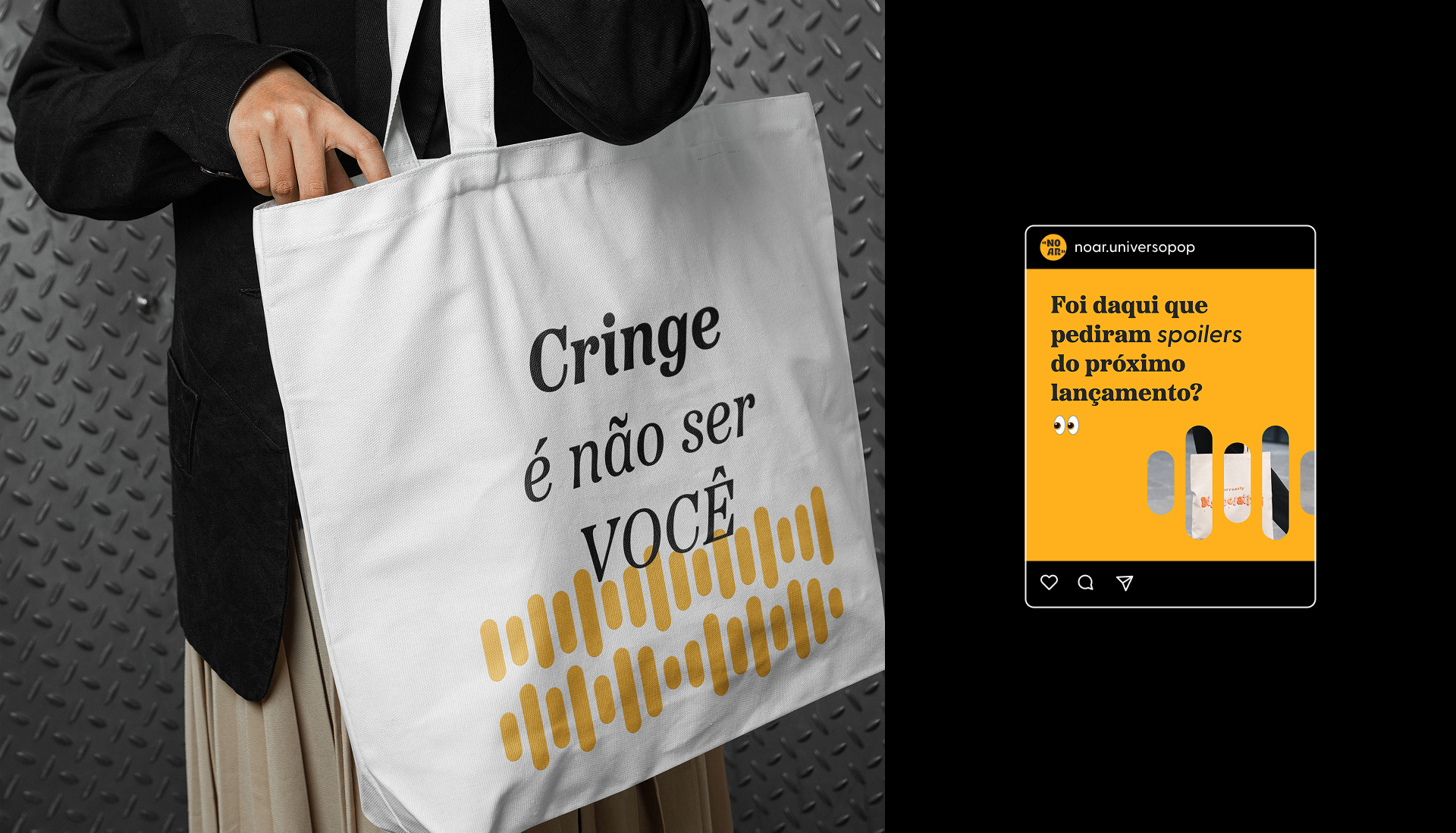 Imagem mostra foto de Ecobag com estampa da marca e frase "cringe é não ser você". Ao lado há um exemplo de post com a frase que exemplifica a identidade verbal da marca.