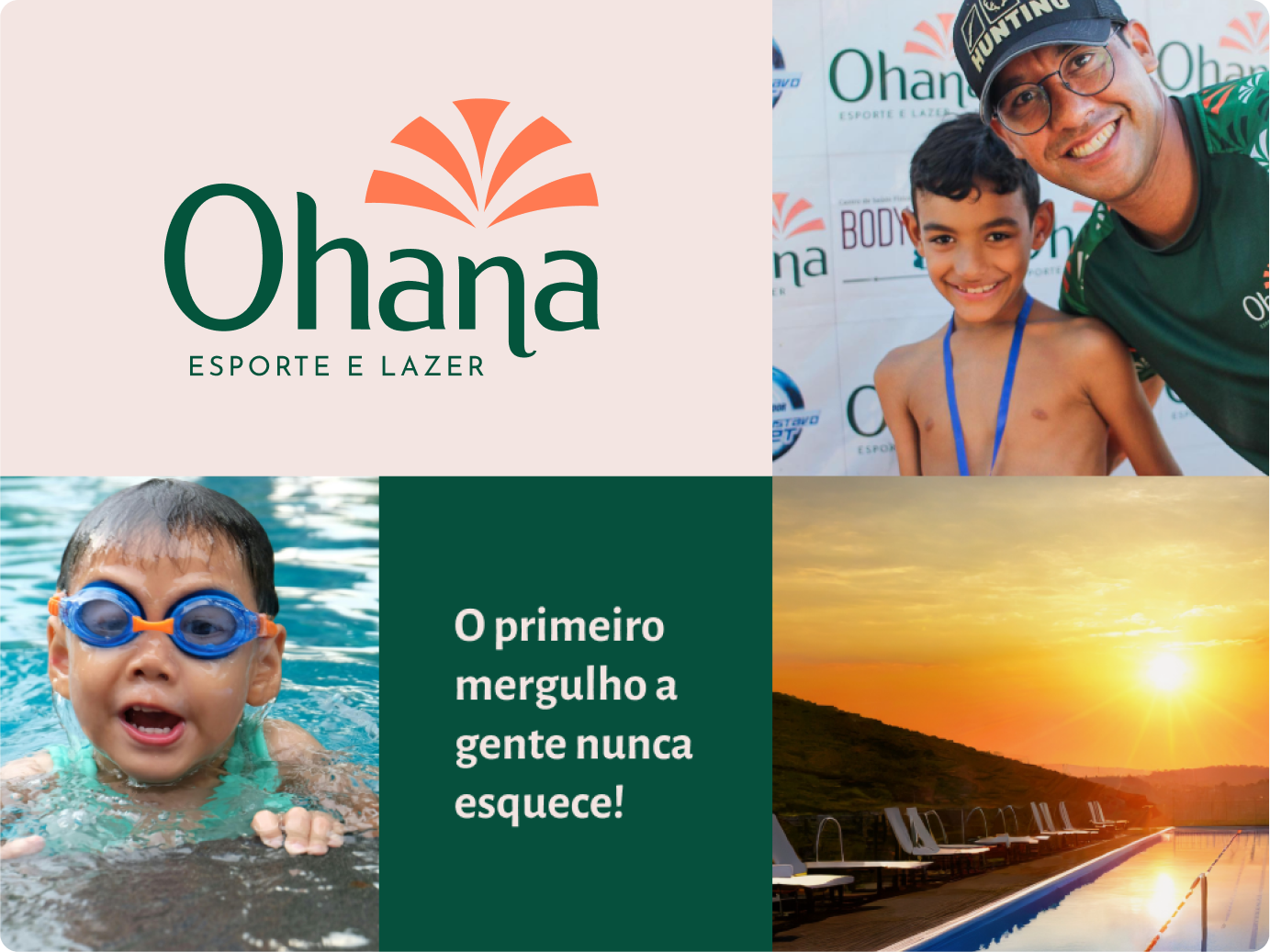 Imagem com logo da Ohana ao lado de referencias para criaçao como um por-do-sol e uma criança nadando na piscina.